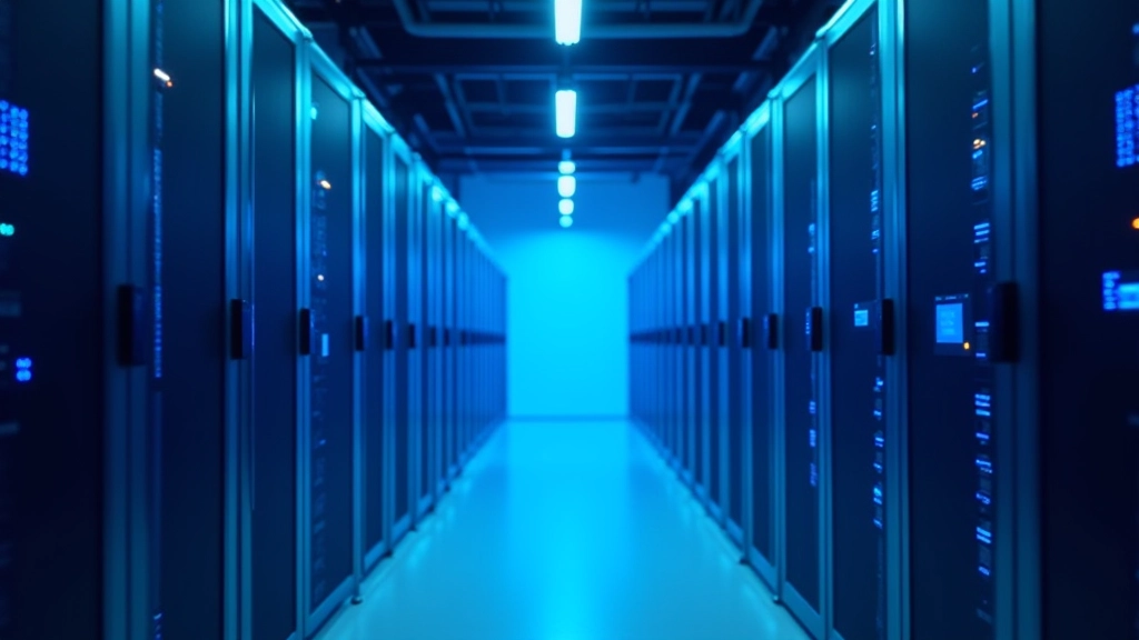 Serverių šildymo sistema su mėlynais šviestukais, technologijų infrastruktūra, modernūs kompiuteriai
